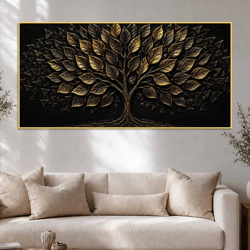 Flourishing Golden Tree of Life Black Metallic Look 3D Canvas Wall Painting