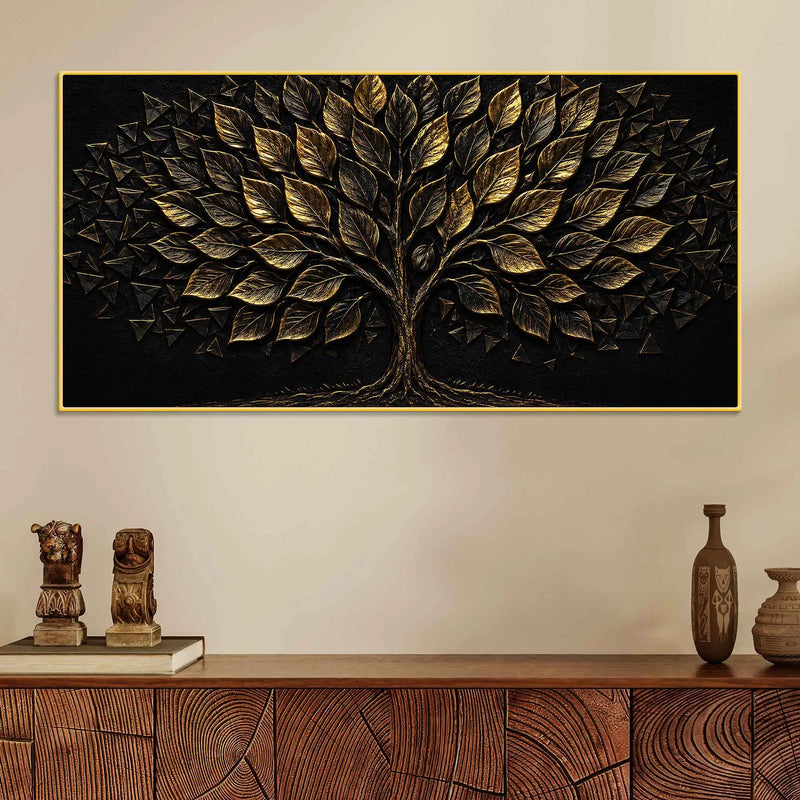 Flourishing Golden Tree of Life Black Metallic Look 3D Canvas Wall Painting