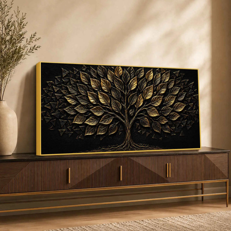 Flourishing Golden Tree of Life Black Metallic Look 3D Canvas Wall Painting