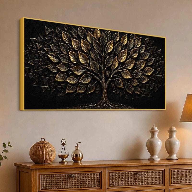 Flourishing Golden Tree of Life Black Metallic Look 3D Canvas Wall Painting