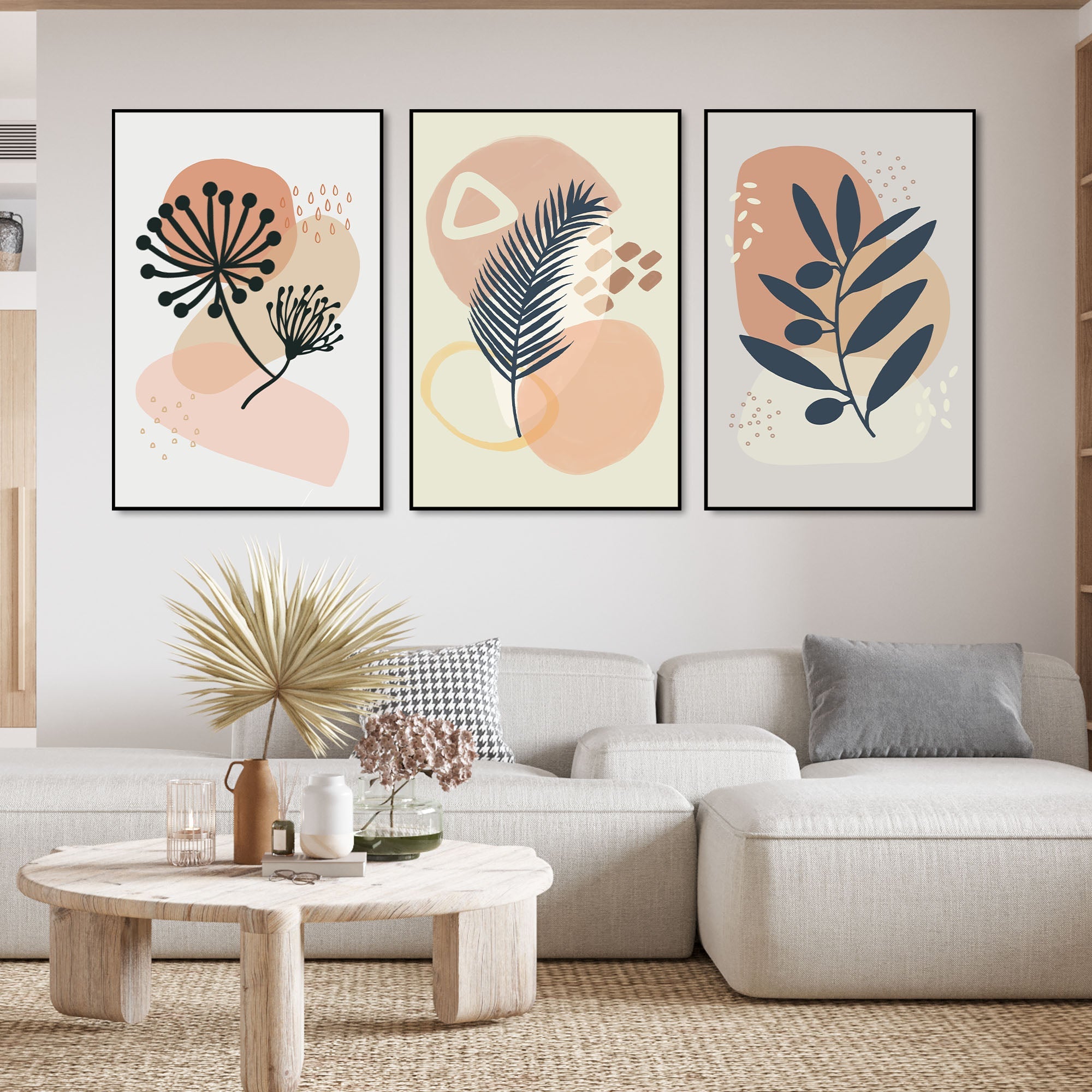 Flower & Leaves Floating Canvas Wall Painting Set of Three