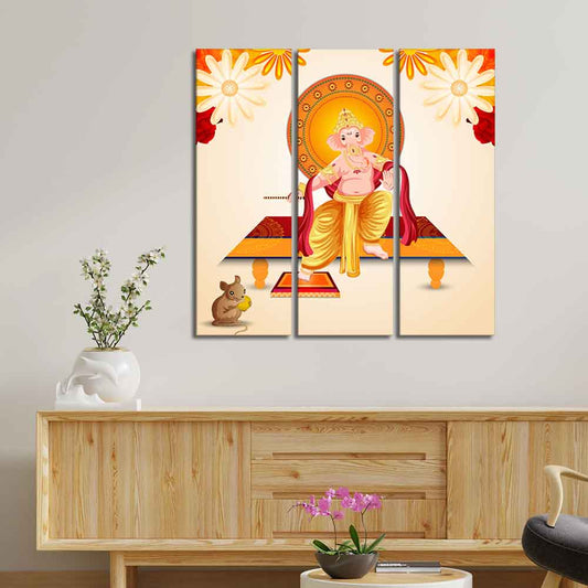 Flower Art Lord Ganesha Wall Painting Set of Three