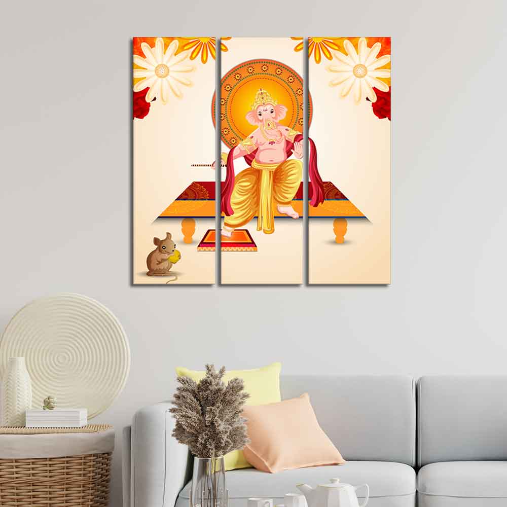 Flower Art Lord Ganesha Wall Painting Set of Three