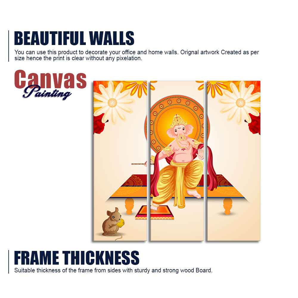 Flower Art Lord Ganesha Wall Painting Set of Three