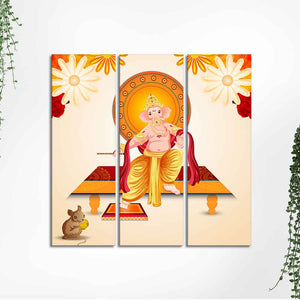 Flower Art Lord Ganesha Wall Painting Set of Three