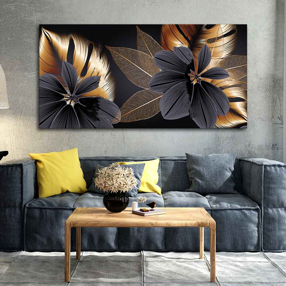 Flowers with Golden Monstera Leaves Wall Painting