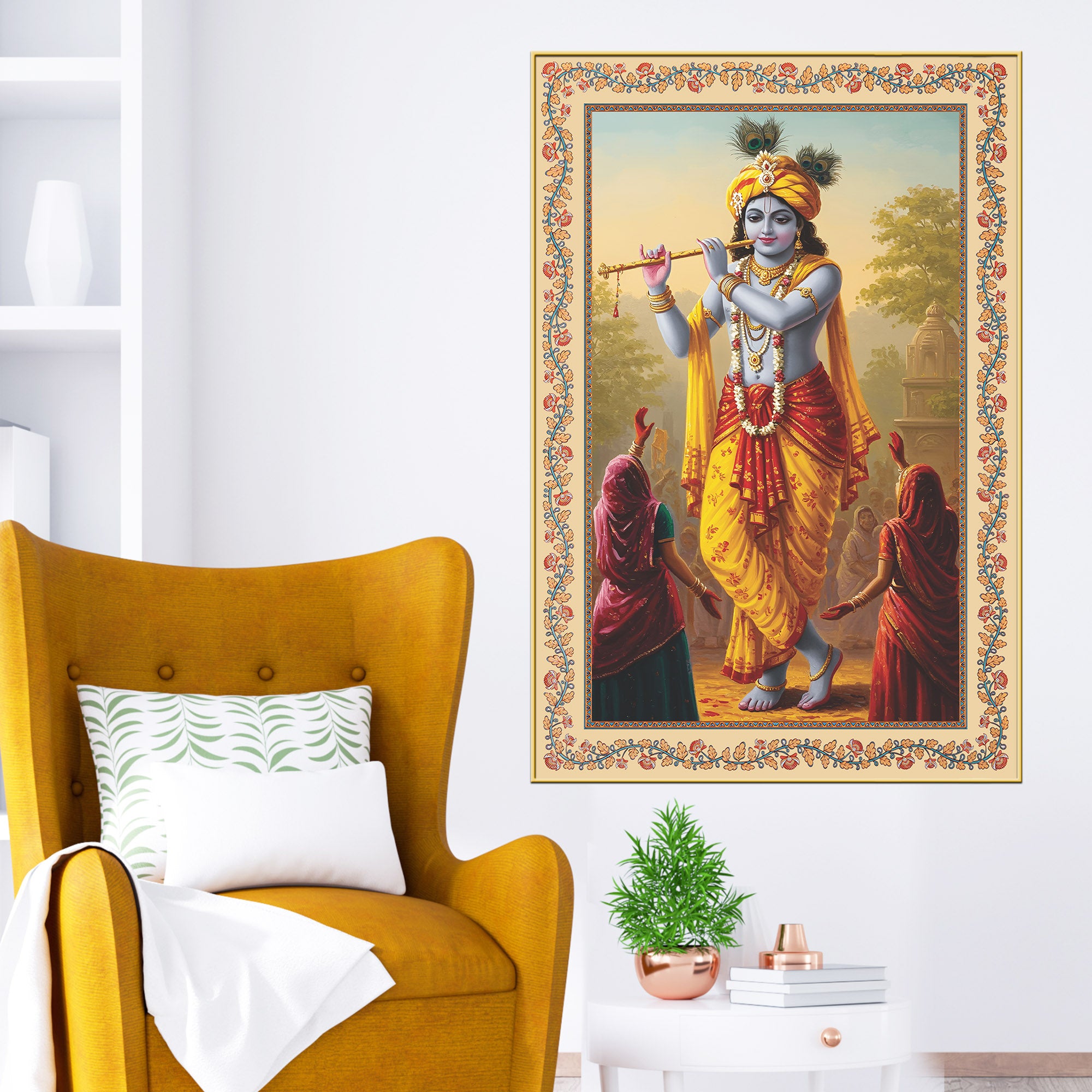 Flute of the Divine Floral Border Vertical Canvas Wall Painting