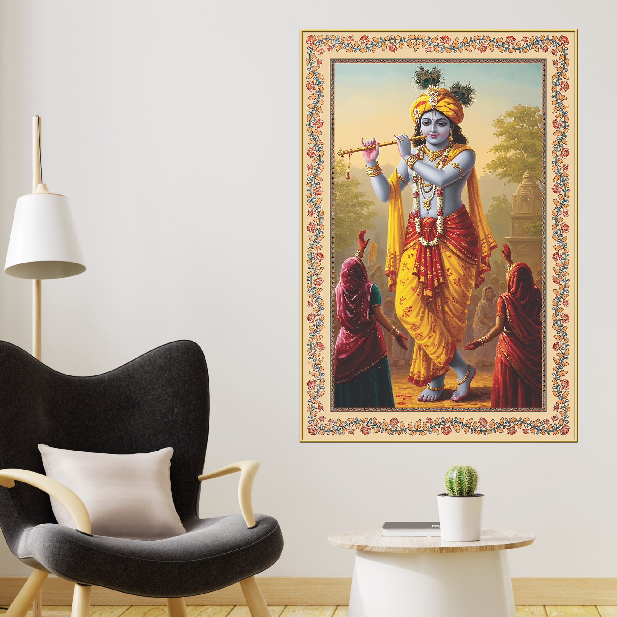 Flute of the Divine Floral Border Vertical Canvas Wall Painting