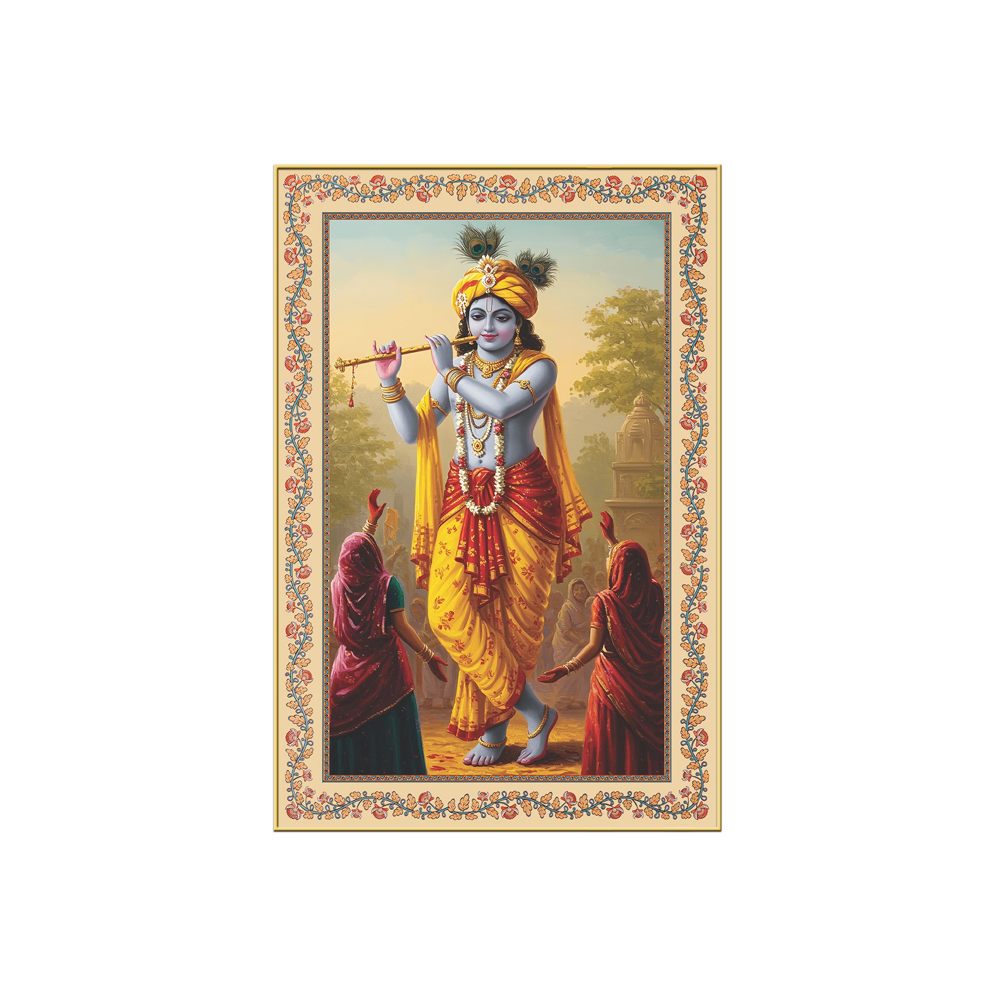 Flute of the Divine Floral Border Vertical Canvas Wall Painting