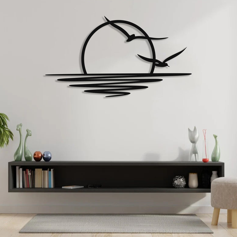 Flying Birds River Sunset Silhouette Metal Art Wall Decor