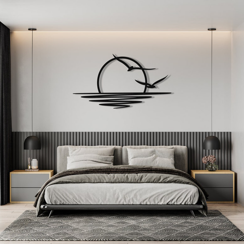 Flying Birds River Sunset Silhouette Metal Art Wall Decor