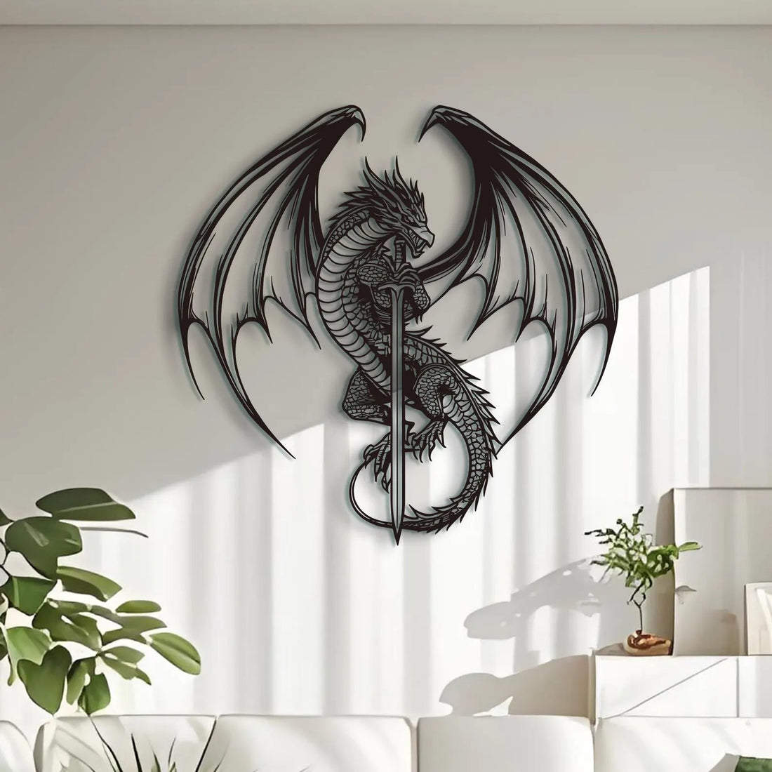 Flying Dragon with Sword Metal Wall Art Decor