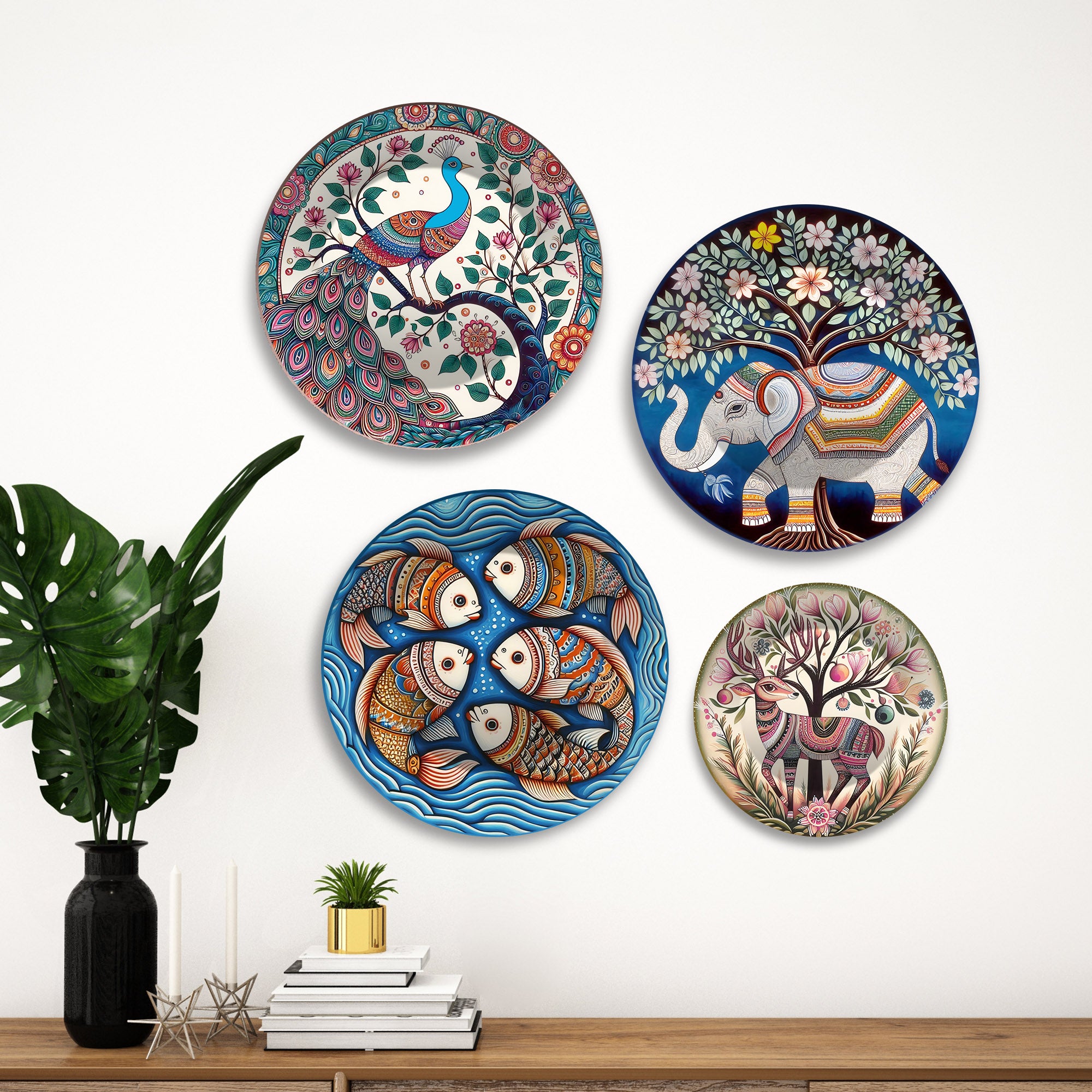 Folk Art Ethnic Animal Art Premium Wall Plates Painting Set of Four