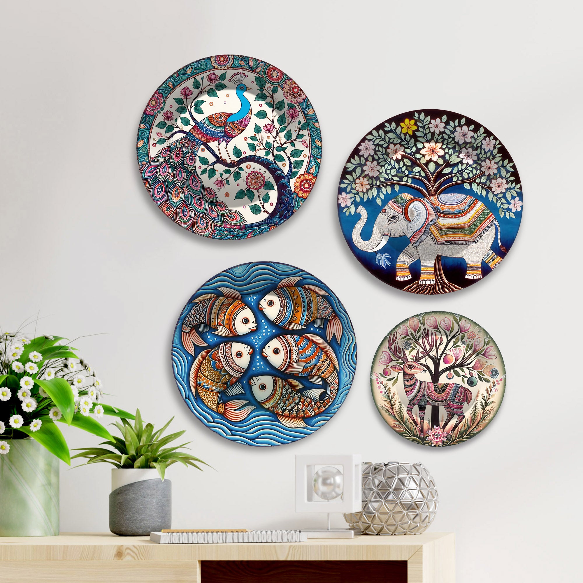 Folk Art Ethnic Animal Art Premium Wall Plates Painting Set of Four