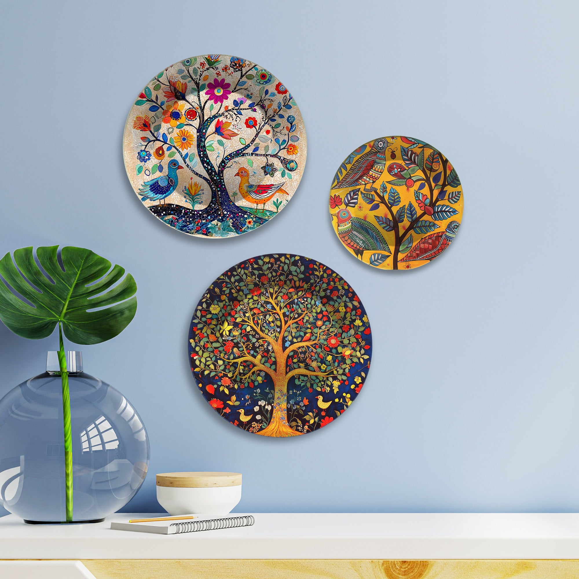 Folk Forest Charm Tree & Birds Premium Wall Plates Painting Set of 3