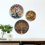 Folk Forest Charm Tree & Birds Premium Wall Plates Painting Set of 3