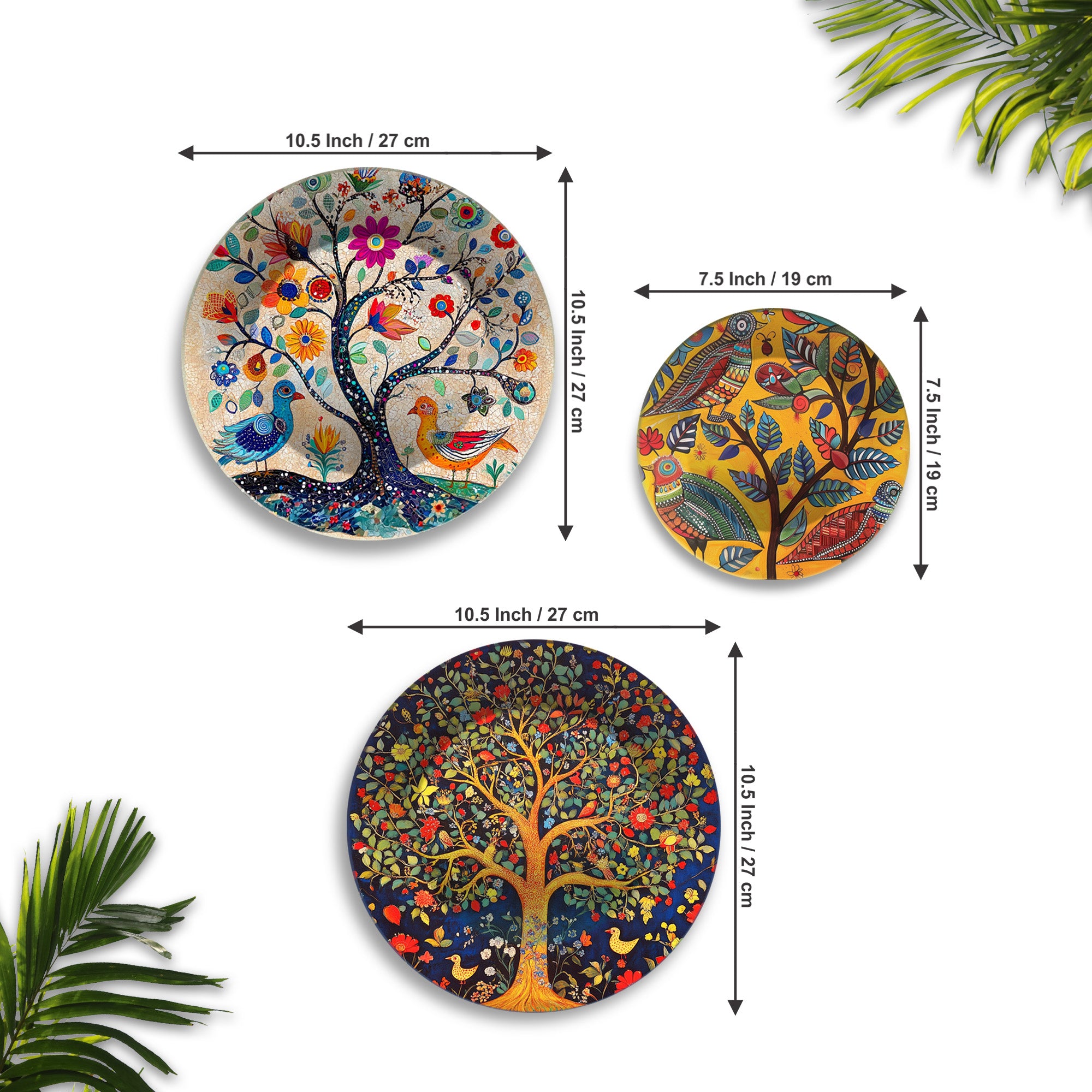 Folk Forest Charm Tree & Birds Premium Wall Plates Painting Set of 3