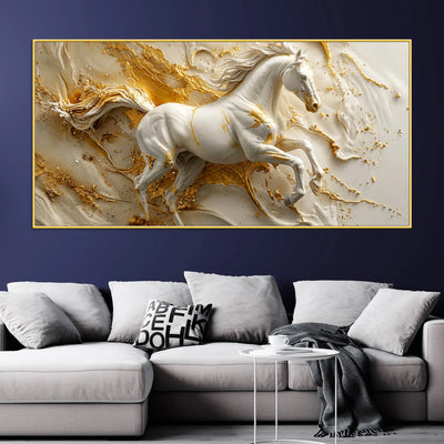 Galloping White Horse in Golden Abstract 3D Canvas Wall Painting