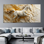 Galloping White Horse in Golden Abstract 3D Canvas Wall Painting