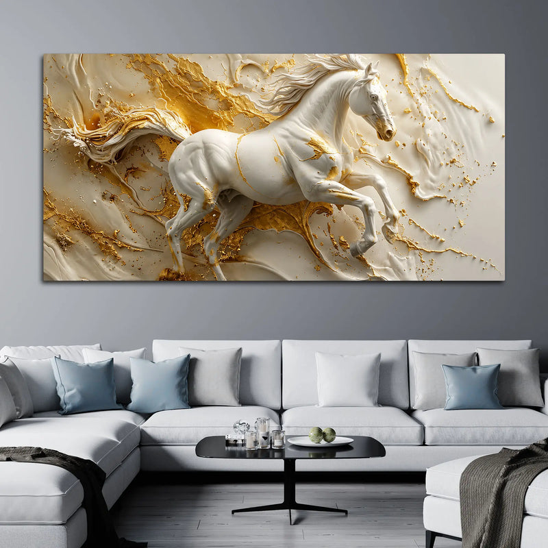 Galloping White Horse in Golden Abstract 3D Canvas Wall Painting