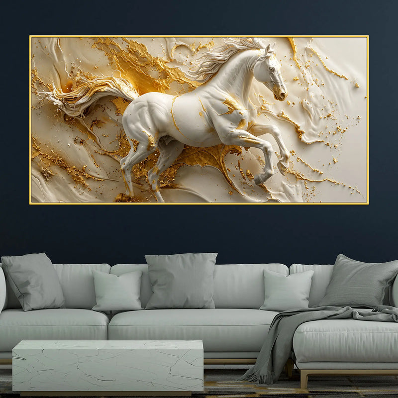 Galloping White Horse in Golden Abstract 3D Canvas Wall Painting