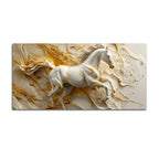 Galloping White Horse in Golden Abstract 3D Canvas Wall Painting