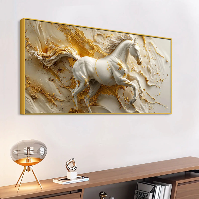 Galloping White Horse in Golden Abstract 3D Canvas Wall Painting