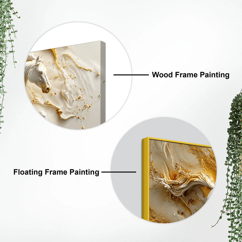 Galloping White Horse in Golden Abstract 3D Canvas Wall Painting