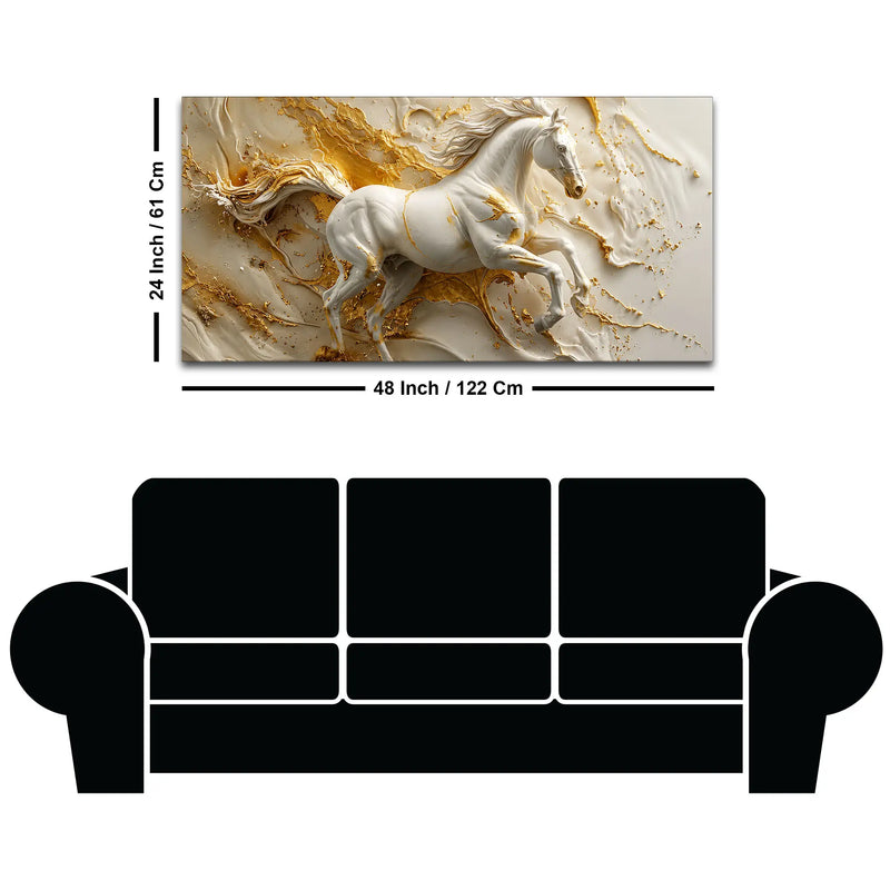 Galloping White Horse in Golden Abstract 3D Canvas Wall Painting