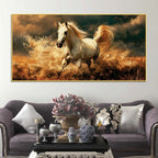 Galloping White Horse Running Through Water Canvas Wall Painting