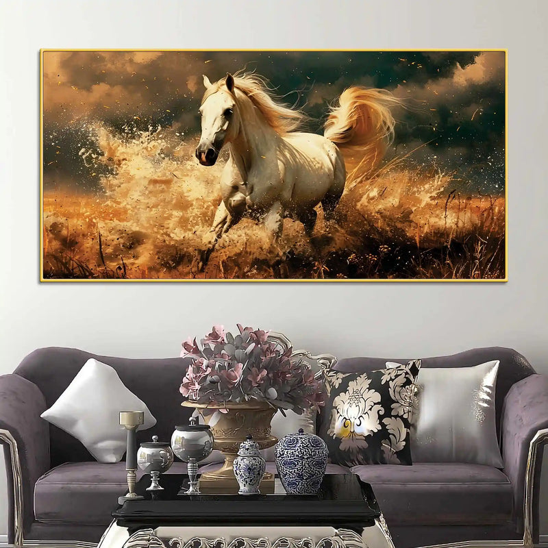 Galloping White Horse Running Through Water Canvas Wall Painting