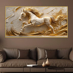 Galloping White Stallion with Golden Artistic Waves 3D Canvas Wall Painting