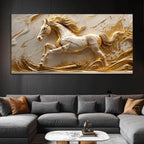 Galloping White Stallion with Golden Artistic Waves 3D Canvas Wall Painting