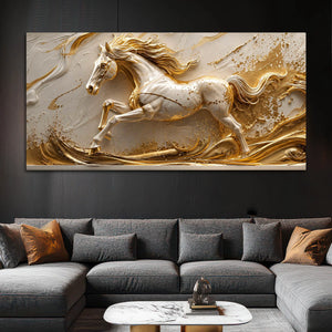Galloping White Stallion with Golden Artistic Waves 3D Canvas Wall Painting