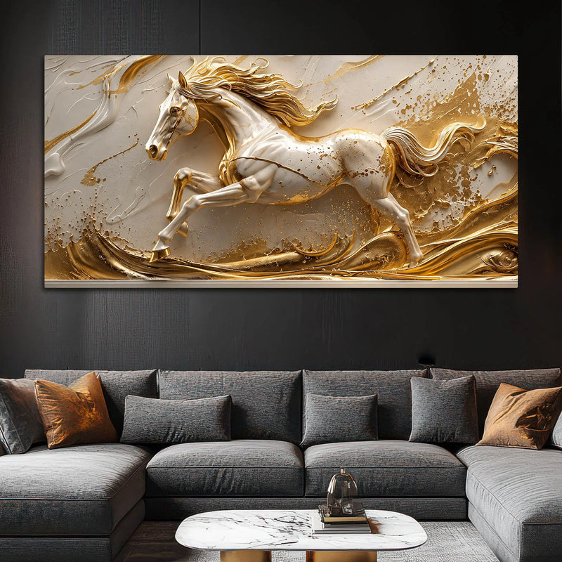 Galloping White Stallion with Golden Artistic Waves 3D Canvas Wall Painting
