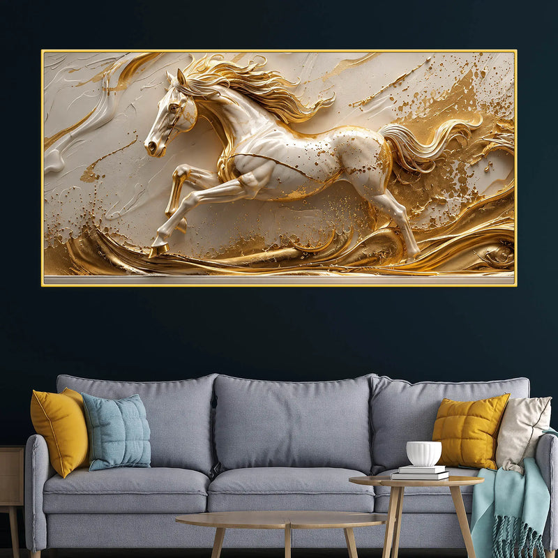 Galloping White Stallion with Golden Artistic Waves 3D Canvas Wall Painting