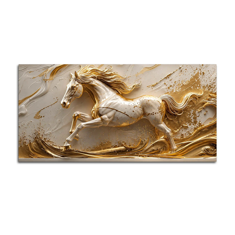 Galloping White Stallion with Golden Artistic Waves 3D Canvas Wall Painting