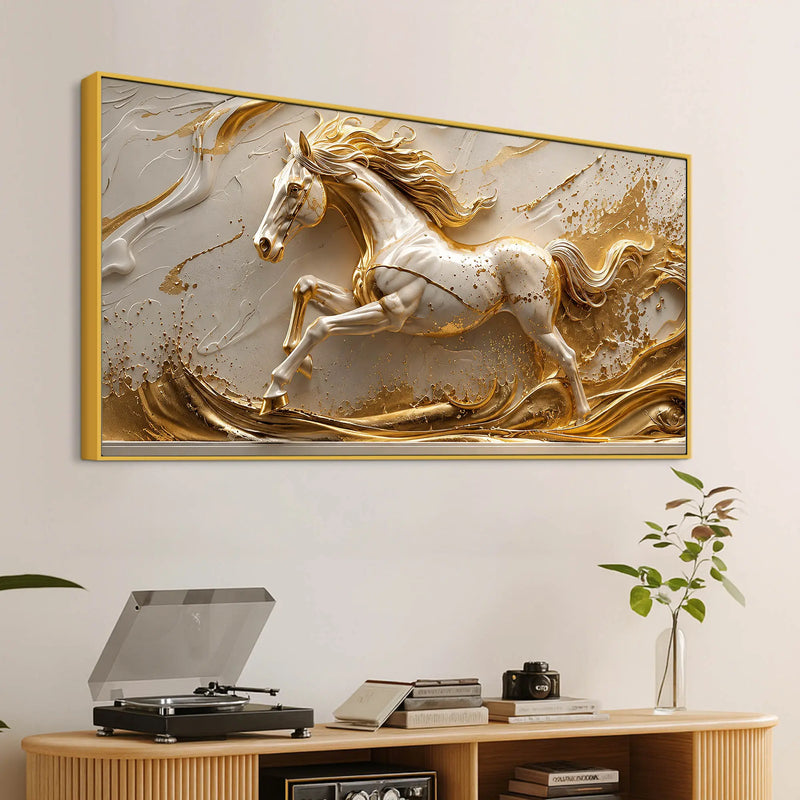 Galloping White Stallion with Golden Artistic Waves 3D Canvas Wall Painting