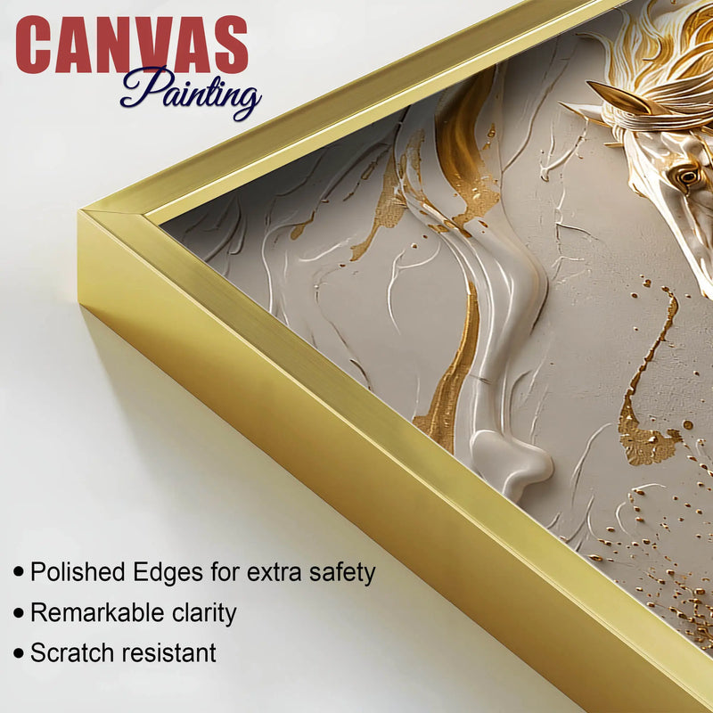 Galloping White Stallion with Golden Artistic Waves 3D Canvas Wall Painting