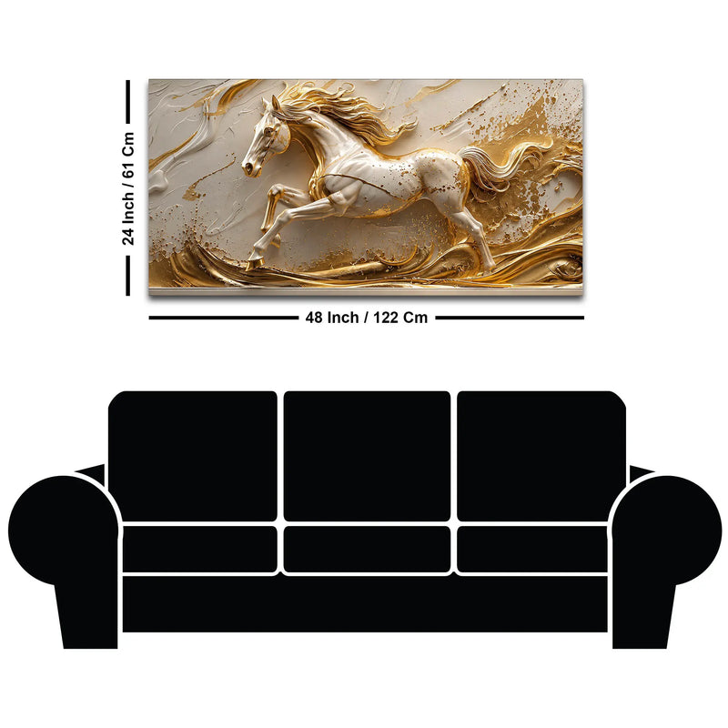 Galloping White Stallion with Golden Artistic Waves 3D Canvas Wall Painting