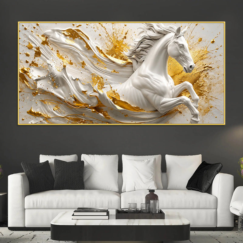 Galloping White Stallion with Golden Splash 3D Canvas Wall Painting