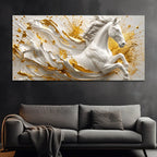 Galloping White Stallion with Golden Splash 3D Canvas Wall Painting