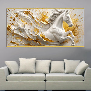 Galloping White Stallion with Golden Splash 3D Canvas Wall Painting