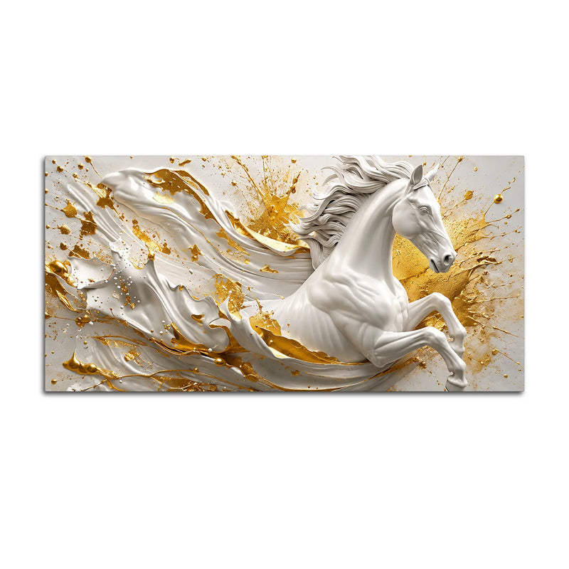 Galloping White Stallion with Golden Splash 3D Canvas Wall Painting
