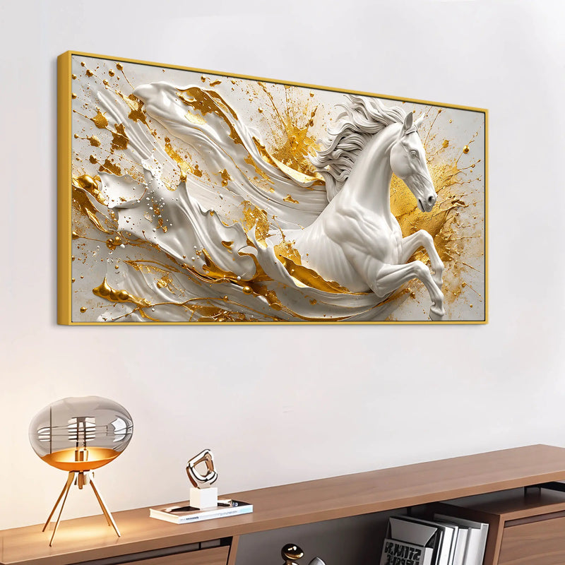 Galloping White Stallion with Golden Splash 3D Canvas Wall Painting