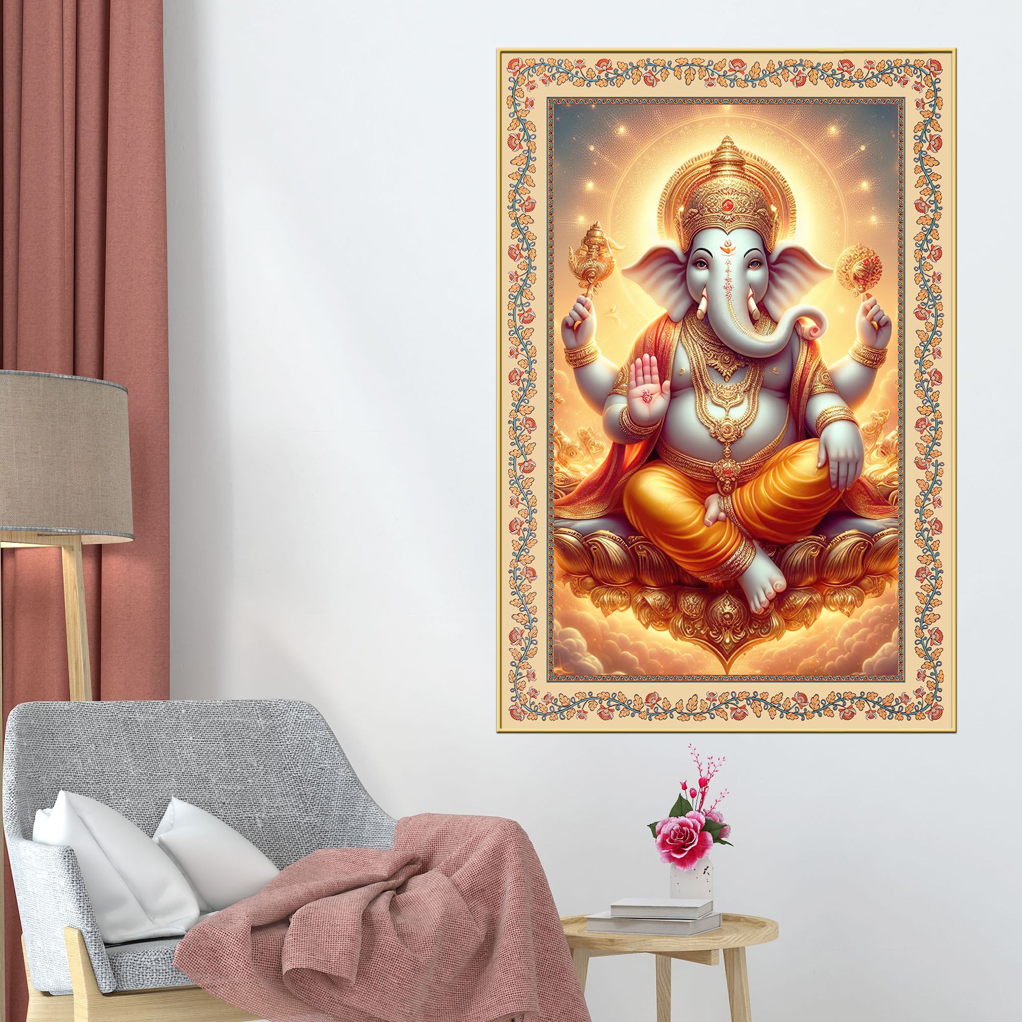 Ganesha Blessings and Prosperity Floral Border Vertical Wall Painting