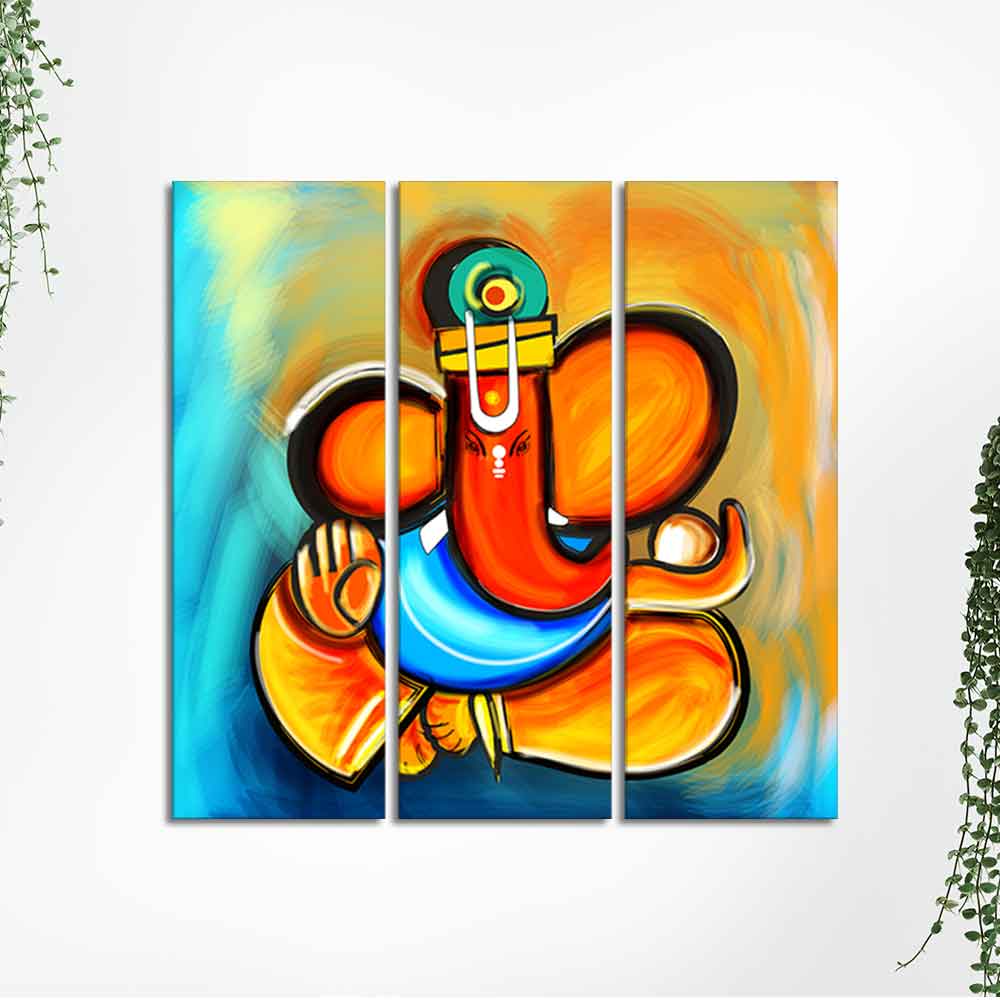 Ganesha Canvas Wall Painting Set of 3 Pieces