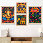 Ganesha & Elephant Indian Folk Devotional Wall Frame Set of Four