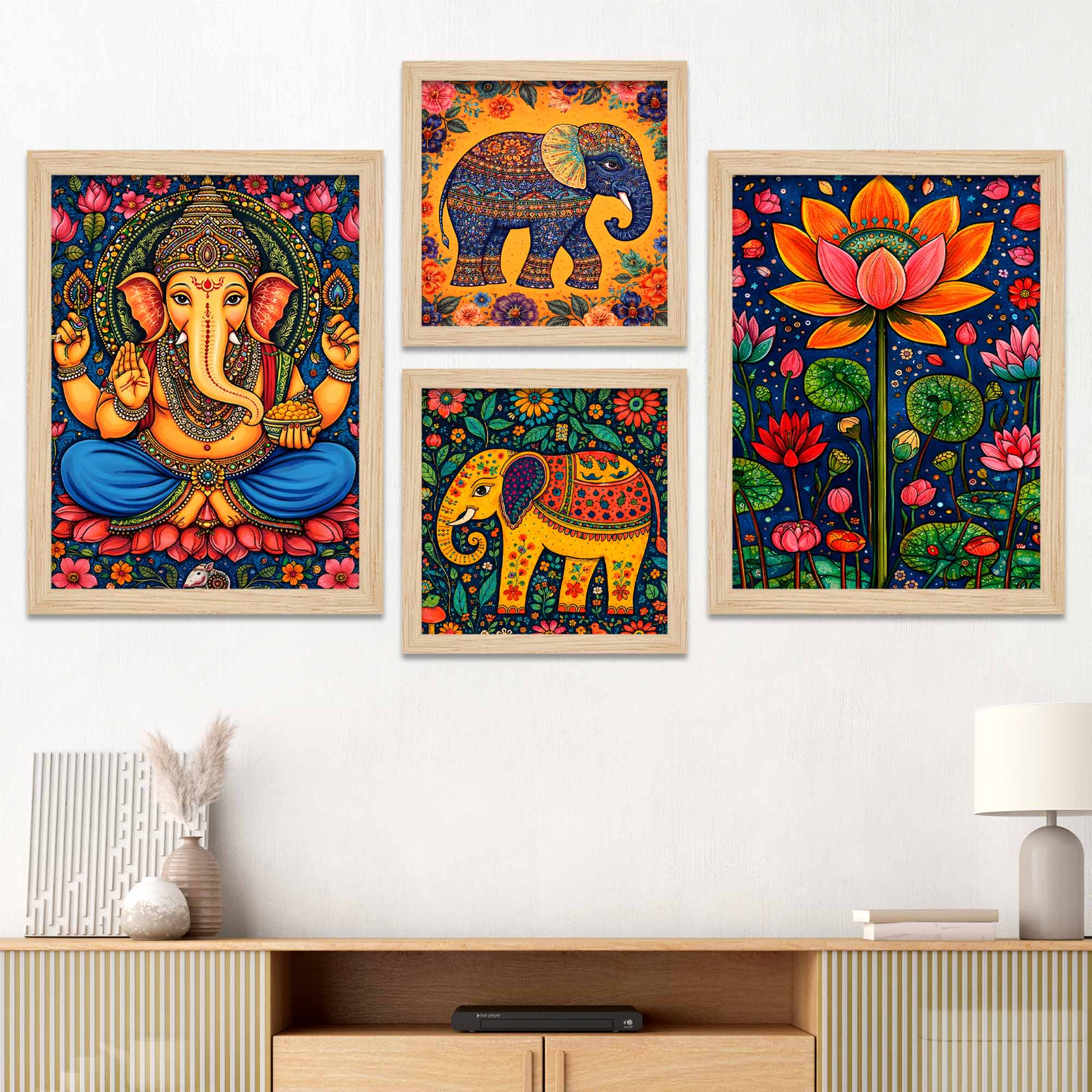 Ganesha & Elephant Indian Folk Devotional Wall Frame Set of Four