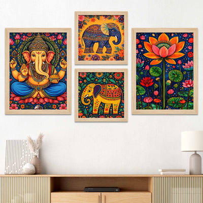 Ganesha & Elephant Indian Folk Devotional Wall Frame Set of Four